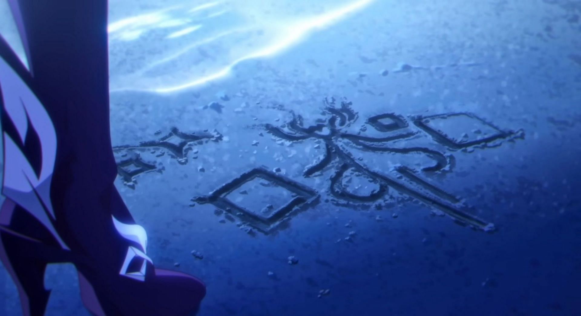 Drawing of the Sustainer of Heavenly Principles on the beach in Mondstadt (Image via HoYoverse)